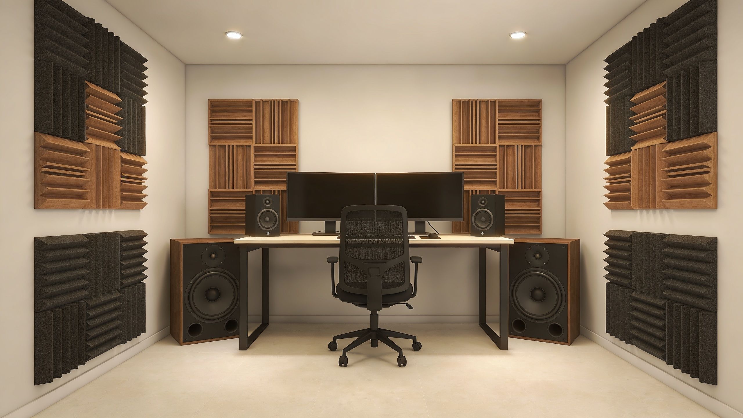 A professional home recording studio workspace featuring acoustic panels, large studio monitors, and a computer desk setup.