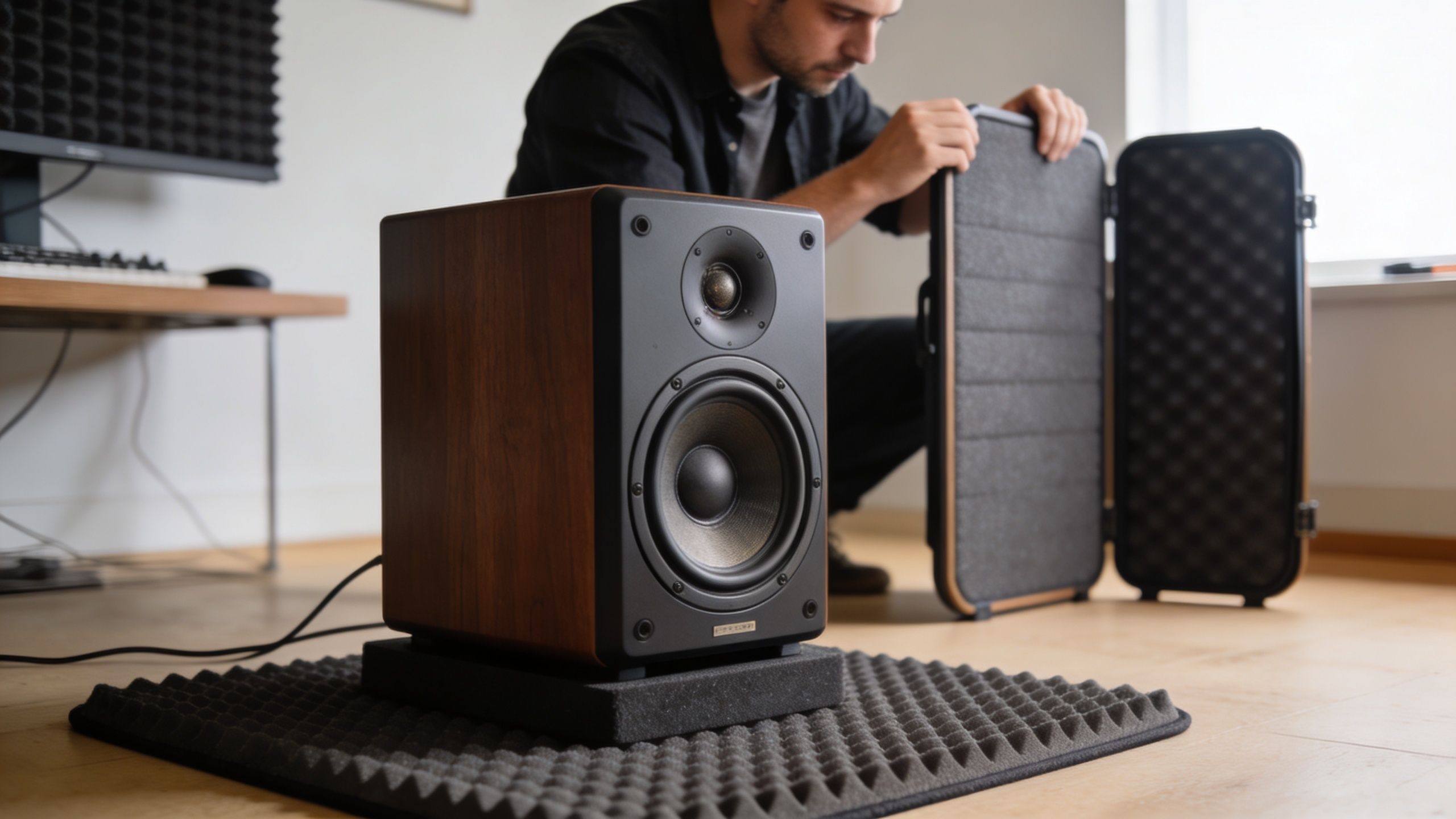 A man carefully sets up high-quality studio speaker equipment in a bright room with acoustic treatment.