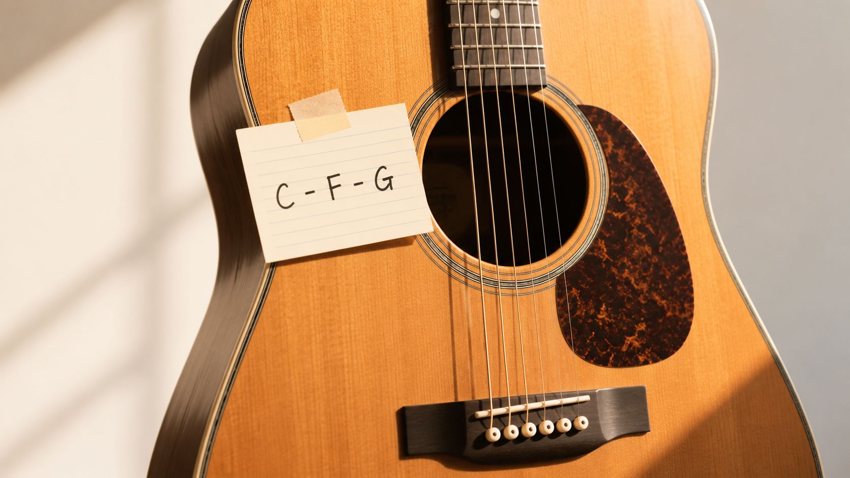 A close-up view of an acoustic guitar with a handwritten note displaying chord progression C, F, G.
