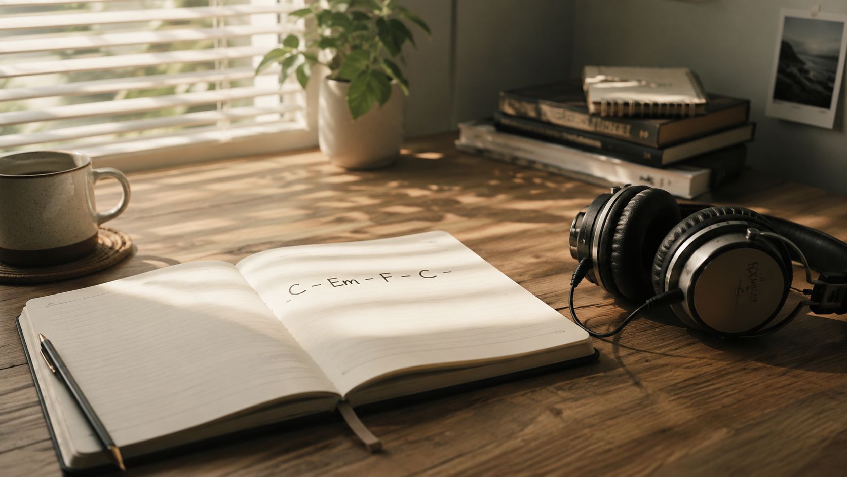 A wooden desk featuring an open notebook with written musical chord progressions, a coffee mug, and headphones.