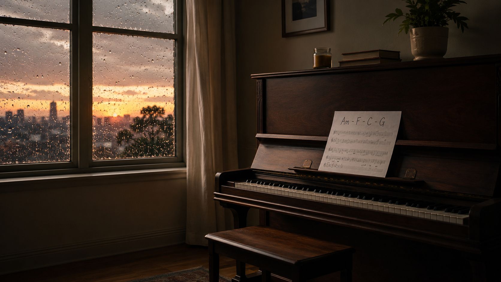 A wooden piano sitting by a window overlooking a rainy city skyline at a golden sunset.