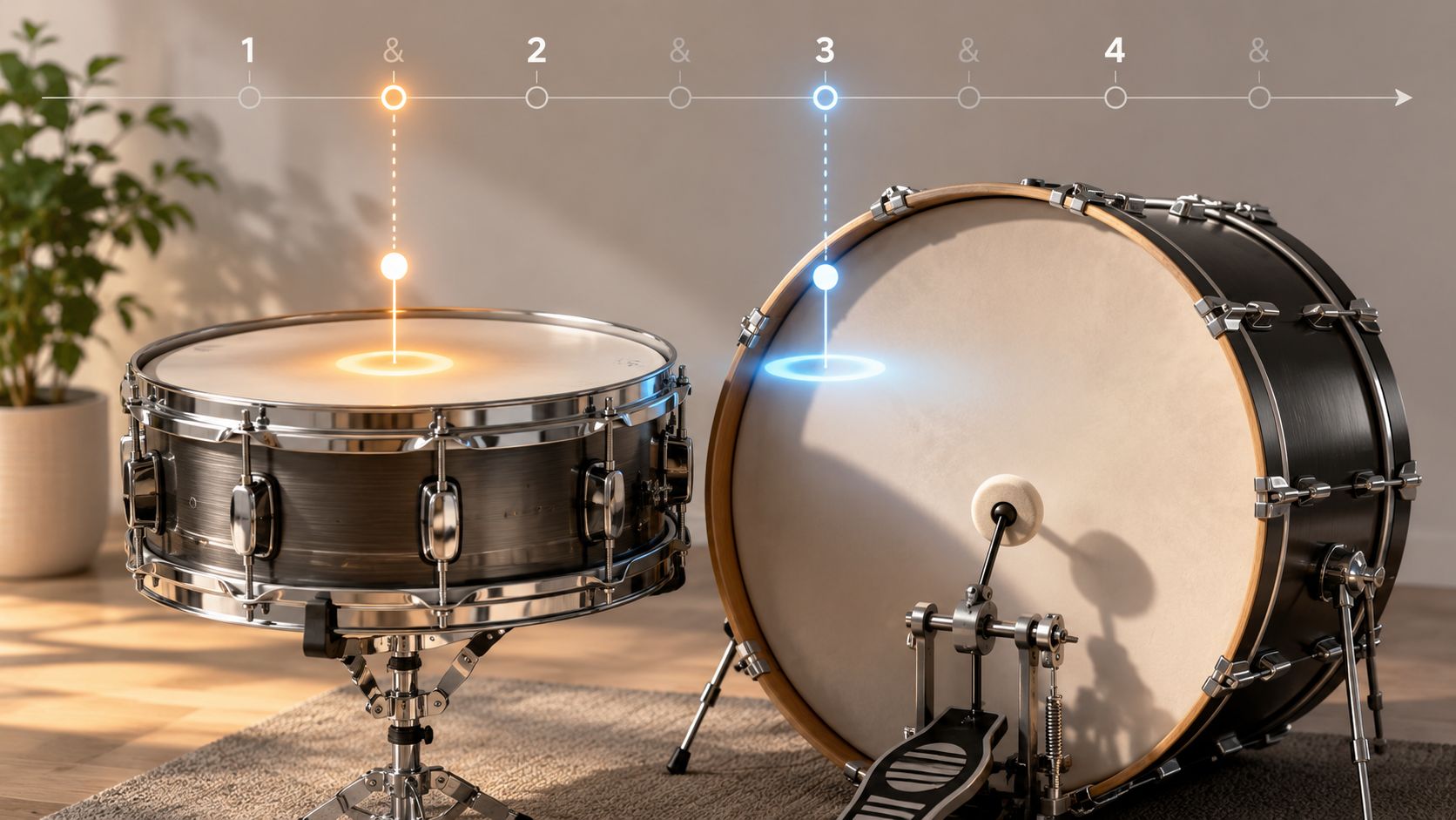 A snare drum and a bass drum set up on a rug with a rhythmic timing overlay graphic.